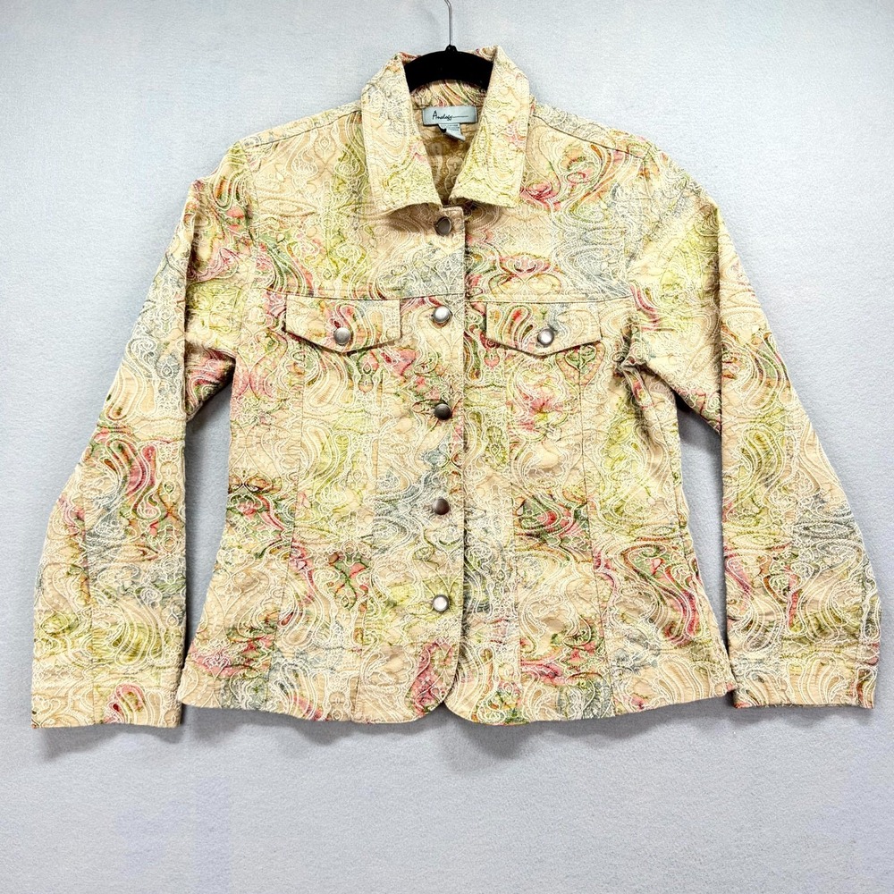 VTG 90s Analogy Denim Jacket Womens Medium‎ Tan Textured Pastel Paisley Floral